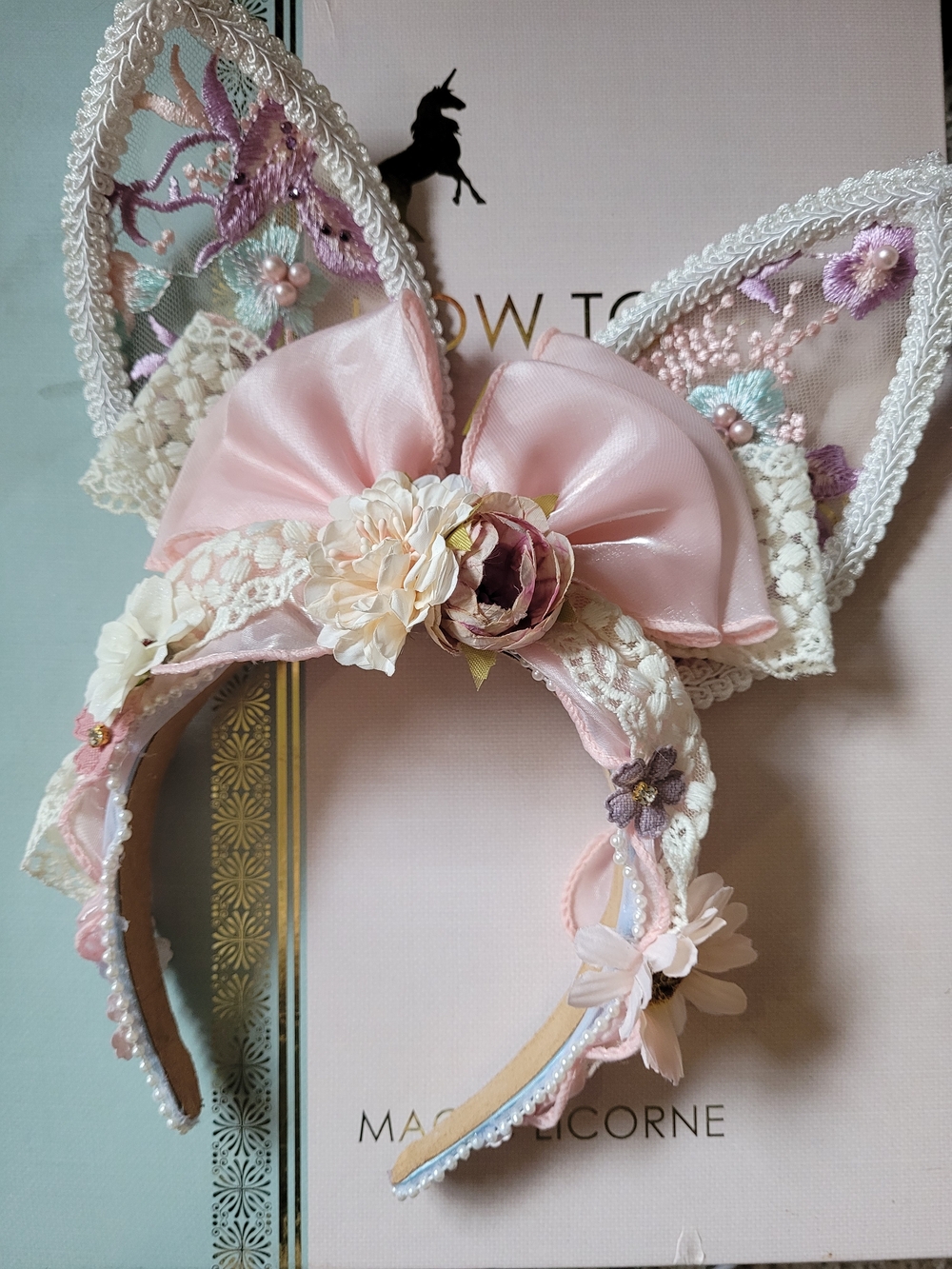 Pink Floral Lace Bunny Ear Headband